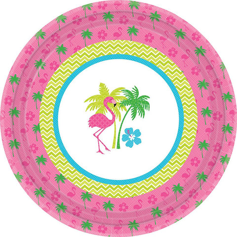 Amscan Sun-Sational Summer Luau Party Flamingo Fun Round Plates (8 Pack), Multi Color, 10.5 x 10.5"