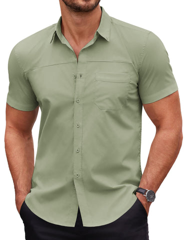 COOFANDY Men's Casual Button Down Shirt Short Sleeve Muscle Dress Shirt Summer Cotton Shirt Light Green
