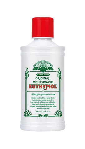 Euthymol Mouthwash Original 500ml, Flouride Free, Distinctive Strong Taste Flavour, Reduce Plaque Gingival Clean Healthy Teeth Gums, Freshens Breath Refreshing Daily Oral Dental Care