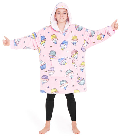 CityComfort Girls Oversized Blanket Hoodie Kids Fleece Fluffy Hoodies (Pink Cupcake)