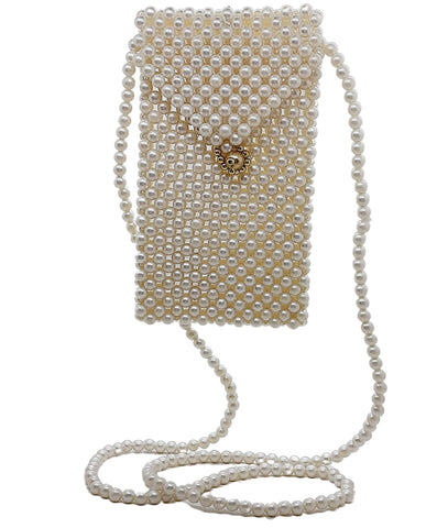 Trend Overseas Pearl Beaded Mobile Sling Bag for Girls/Crossbody Beaded Mobile Sling Bag for Women, Ivory