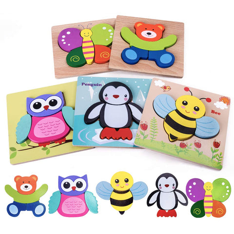 Highttoy Wooden Puzzles for 1 2 3 Year Olds,5 Pcs Jigsaw Puzzles for Toddlers Animal Shape Blocks Chunky Puzzles Montessori Wooden Toys for Age 1-3 Early Eduactional Puzzle Toy Game for Boys Girls