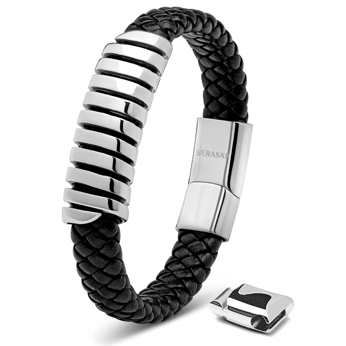 SERASAR Mens Leather Bracelet 17cm Silver Mens Presents Bracelet Men Gift-Box Cowhide Braided Magnetic-Clasp Multi-Layer Wrap Rope Mans Male Mens Bracelets Band Jewelry Magnet Accessories