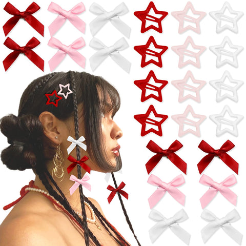 YAEISM 24PCS Hair Clips Set - 3 Colors White, Red, Pink Mini Satin Bows and Star Snap Clips for Girls and Women