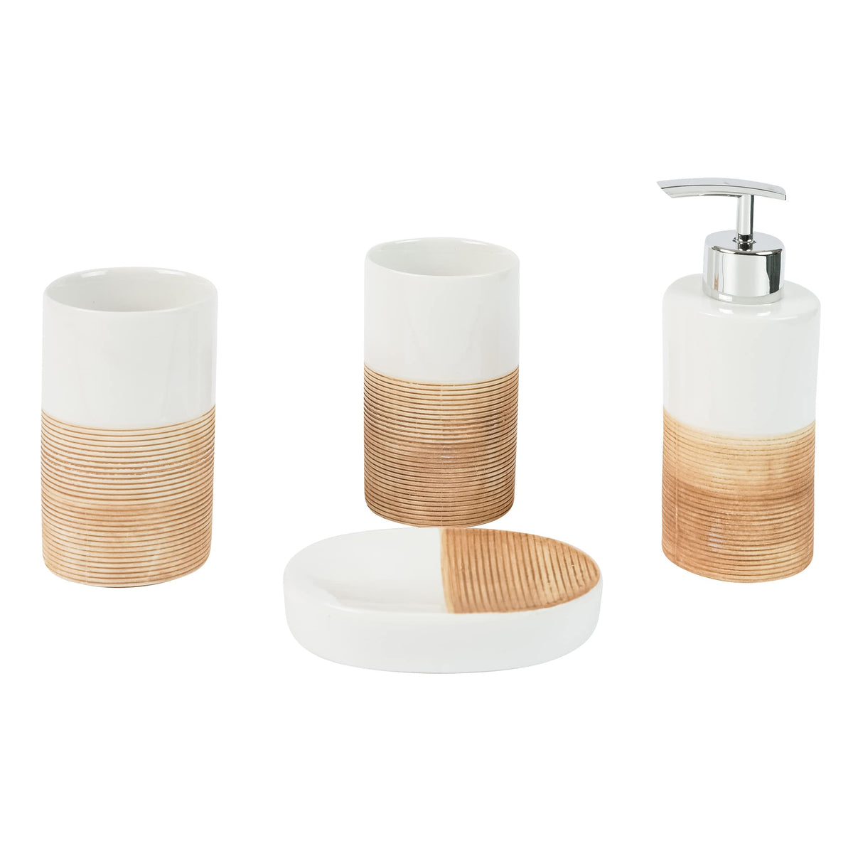axentia Accessories Rimini Bath Utensils 4-Piece Bathroom Set of Soap Dispenser, Soap Dish & Toothbrush Cup Bathroom Accessories, Refillable, Ceramic, Beige, 1 x 1 x 1 cm