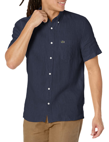 Lacoste Mens Short Sleeve Regular Fit Linen Casual Button Down Shirt with Front Pocket, Navy Blue, Medium