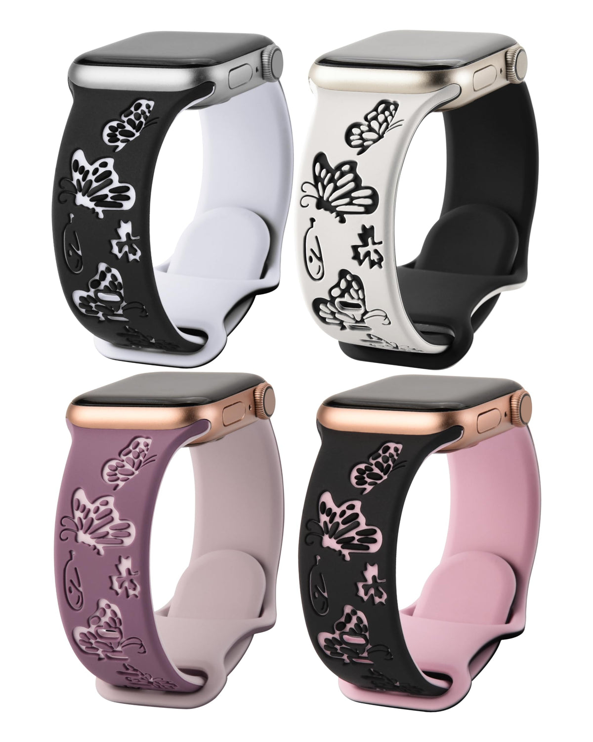 Fullmosa 4 Pack Two-Tone Butterflies Floral Engraved Straps Compatible with Apple Watch Straps 42mm 41mm 40mm 38mm for Women, Soft Silicone Sport Band for iWatch Straps SE Series 10 9 8 7 6 5 4 3 2 1