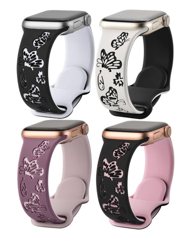 Fullmosa 4 Pack Two-Tone Butterflies Floral Engraved Straps Compatible with Apple Watch Straps 42mm 41mm 40mm 38mm for Women, Soft Silicone Sport Band for iWatch Straps SE Series 10 9 8 7 6 5 4 3 2 1