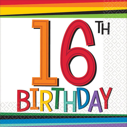 amscan 5018361 Rainbow 16th Birthday Beverage Napkins, Multi Color