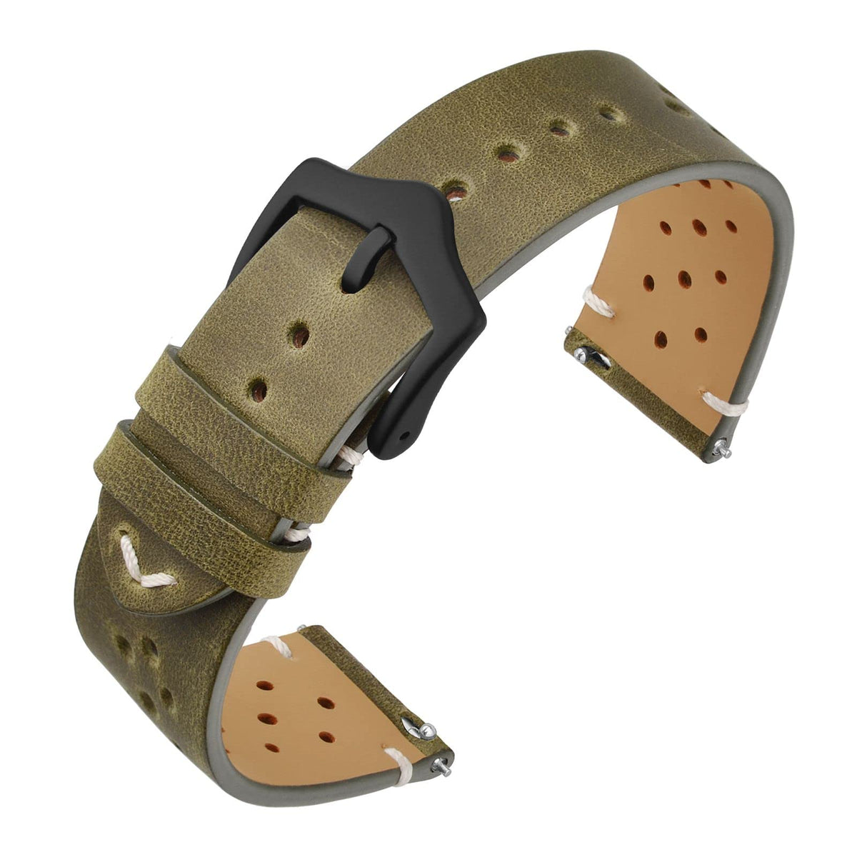 ANNEFIT Vintage Leather Watch Strap 22mm, Quick Release Replacement Band for Men and Women with Black Buckle (Green)