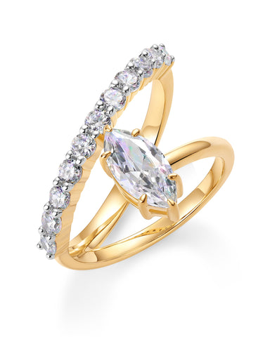 PAVOI 14K Yellow Gold Plated Cubic Zirconia Crossover Ring for Women | Simulated Diamond Open Twist Eternity Stacking Bands | CZ Statement Engagement Rings | Size 7