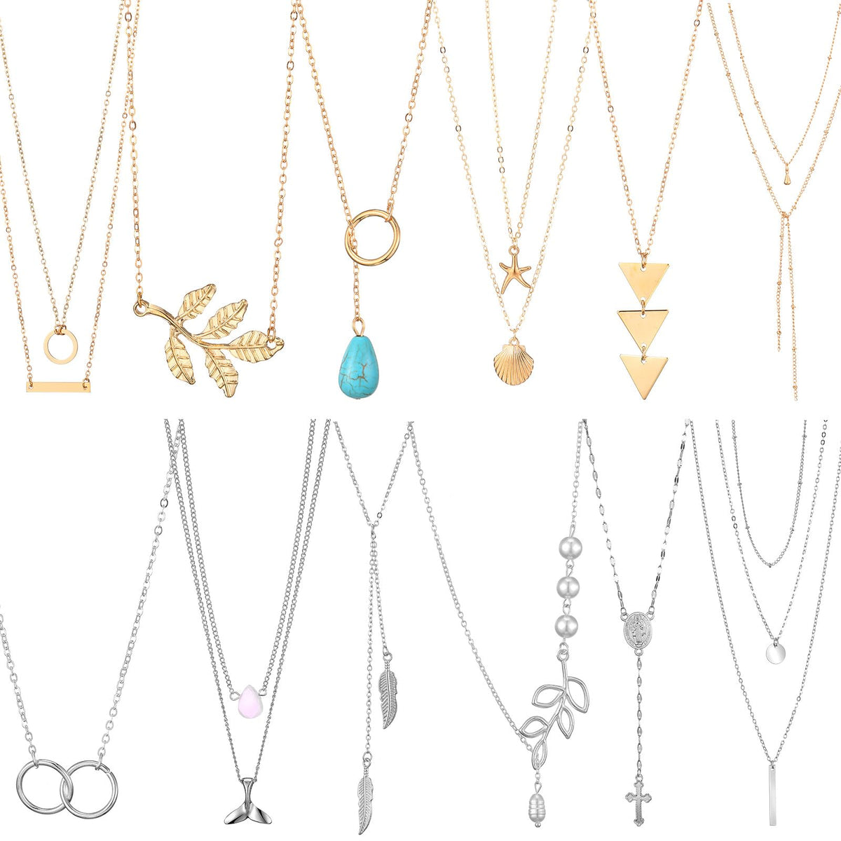 Hicarer 12 Pieces Long Pendant Necklace Set Y Tassel Leaf Circle Bar Necklace for Women (Chic Style)