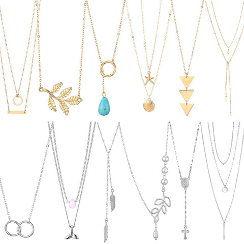 Hicarer 12 Pieces Long Pendant Necklace Set Y Tassel Leaf Circle Bar Necklace for Women (Chic Style)