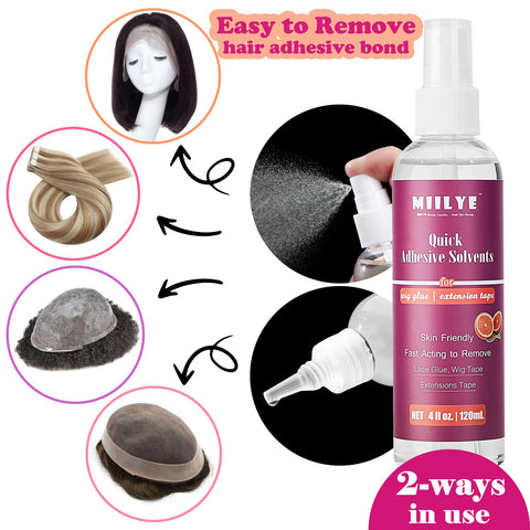 MIILYE Lace Glue Remover/Tape in Extension Remover Spray 4OZ/120ml, Wig Remover for Front Lace Wig Fast Removes Double Sided Adhesive Tape Hair Extensions| Gentle on Skin| No Greasy| Easy to Clean