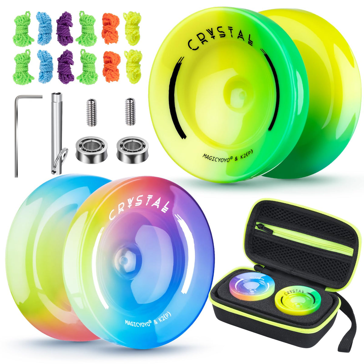 MAGICYOYO Crystal Yoyo K2 Responsive Yoyo for Kids Beginner, Professional Yoyo 2 Pack, Dual Purpose Yoyo with Extra Unresponsive Yoyo Bearing for Adults + 12 Yoyo Strings+Yo Yo Case+Removal Tool