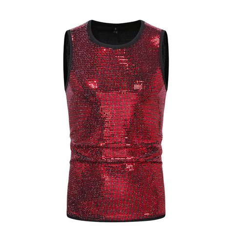 Men's Fashion Shiny Vest Party Nightclub Sleeveless T Shirt Summer Simple Crew Neck Vest red L