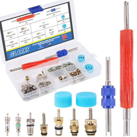 Glarks 78Pcs Car Air Conditioner Valve Core Schrader Valve Cores Accessories A/C R12 R134a Refrigeration Tire Valve Stem Double Head Remover Installer Tool Assortment Kit