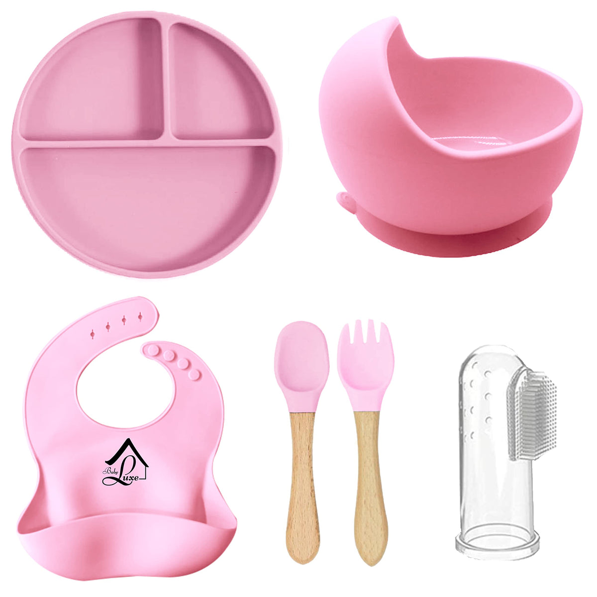 Baby Luxe 6 Piece Weaning Set + Teething Toothbrush. Silicone Divided Suction Plate, High Sided Bowl, Spoon, Fork. Self Feeding Tableware Set for 6 Month Infant & Toddlers (Baby Pink)