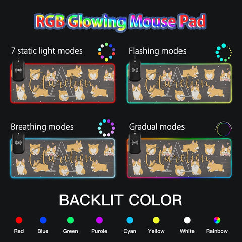 Corgi Cute Dogs Custom Wireless Charging Mouse Pad for Mobile Phone Personalized Extra Large Gaming Mousepad with 13 Lighting Modes Mouse Mat for Office Home Gaming MacBook PC Laptop Desk