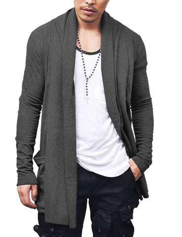 COOFANDY Mens Ruffle Shawl Collar Open Front Lightweight Long Length Drape Cape Overcoat Sweater with Pockets Dark Grey Medium