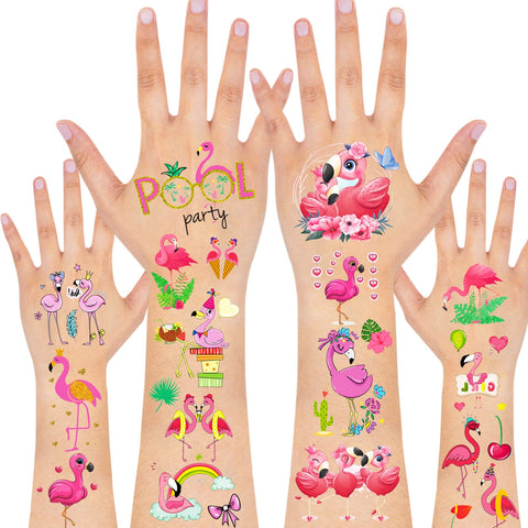 HOWAF Pink Flamingo Temporary Tattoos, 12 Pieces Summer Pool Themed Fake Tattoos for Kids, Waterproof Hawaiian Tropical Tattoos Stickers for Flamingo Themed Birthday Party Supplies Favors