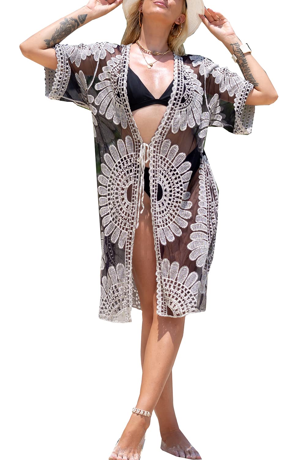 YouKD Women's Lace Cardigan Dress See Through Dress Boho Long Kimono Beach Swimsuit Cover Up Robes