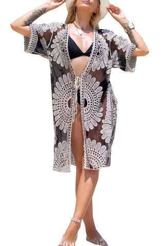 YouKD Women's Lace Cardigan Dress See Through Dress Boho Long Kimono Beach Swimsuit Cover Up Robes
