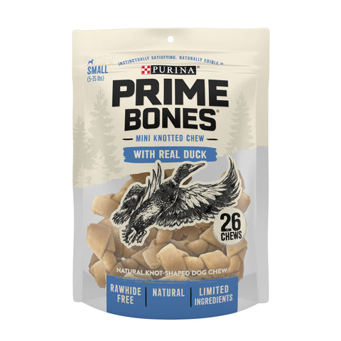 Purina Prime Bones Mini Knotted Chews Rawhide Free, Natural Dog Treats with Real Duck - (4) 26 ct. Pouches