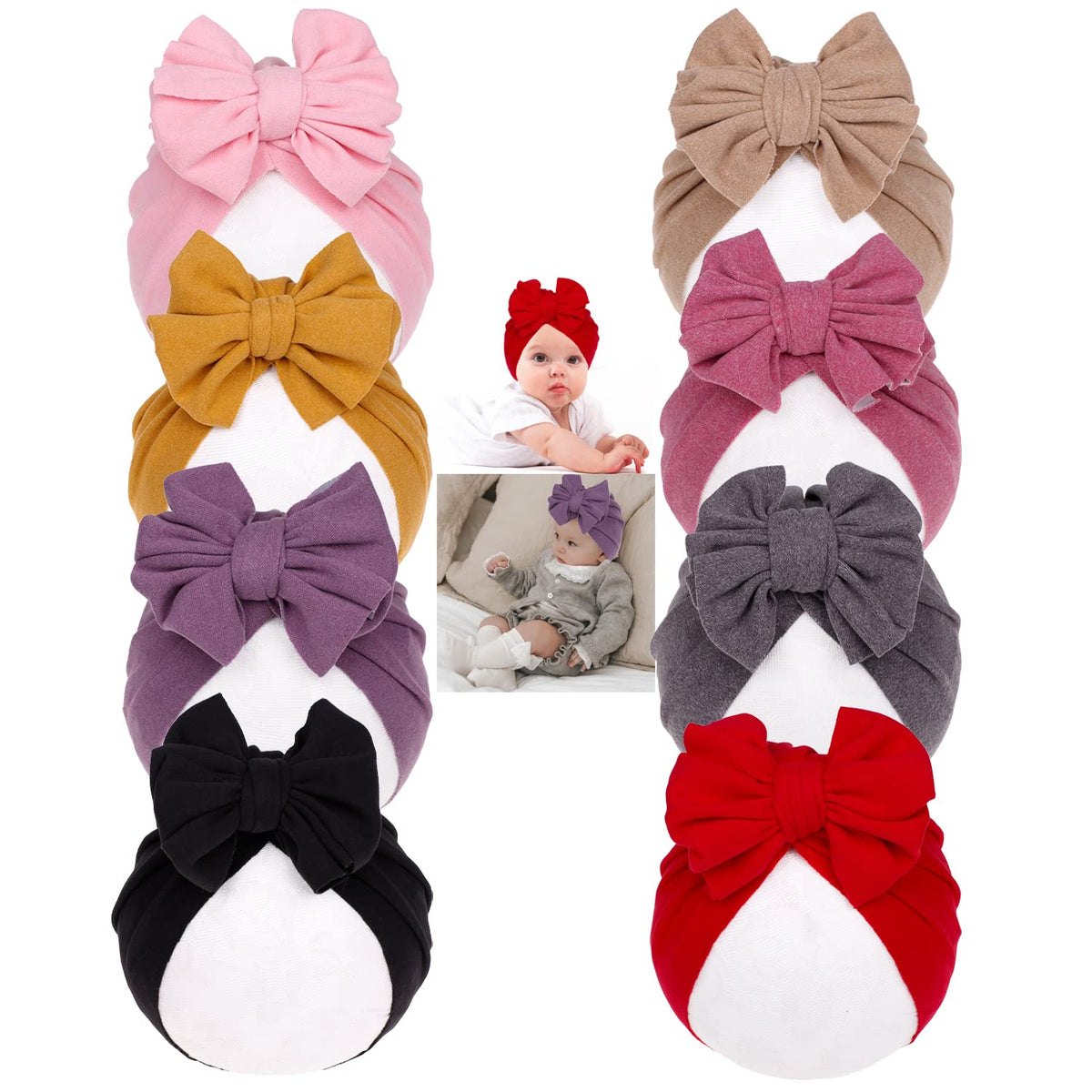 Yili Maizi 8 Pack Baby Imitation Cashmere cottonTurban Hat Big Knot Bow for Baby Girls Toddlers Newborns Infants caps