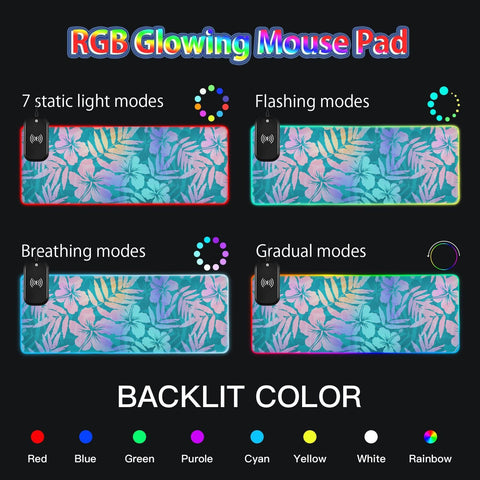 Blue Pink Flowers Wireless Charging Mouse Pad for Mobile Phone Extra Large Gaming Mousepad with 13 Lighting Modes Computer Mat for Gaming MacBook PC Laptop Desk Home Office
