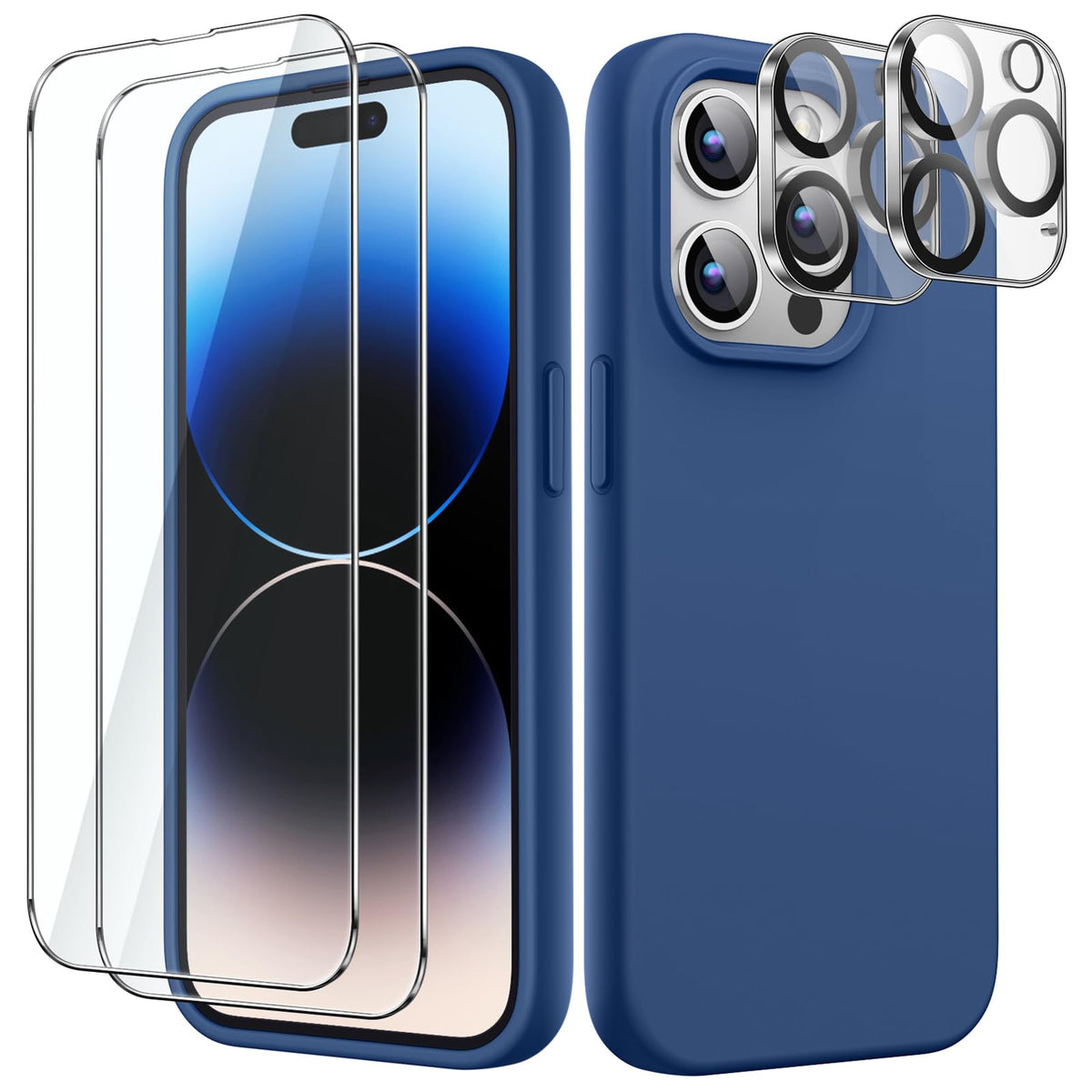 JETech 5 in 1 Silicone Case for iPhone 14 Pro 6.1-Inch, with 2-Pack Screen Protector and 2-Pack Camera Lens Protector, Full Coverage Tempered Glass Film, Shockproof Phone Cover (Cobalt Blue)