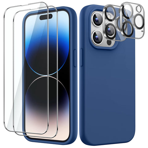 JETech 5 in 1 Silicone Case for iPhone 14 Pro 6.1-Inch, with 2-Pack Screen Protector and 2-Pack Camera Lens Protector, Full Coverage Tempered Glass Film, Shockproof Phone Cover (Cobalt Blue)