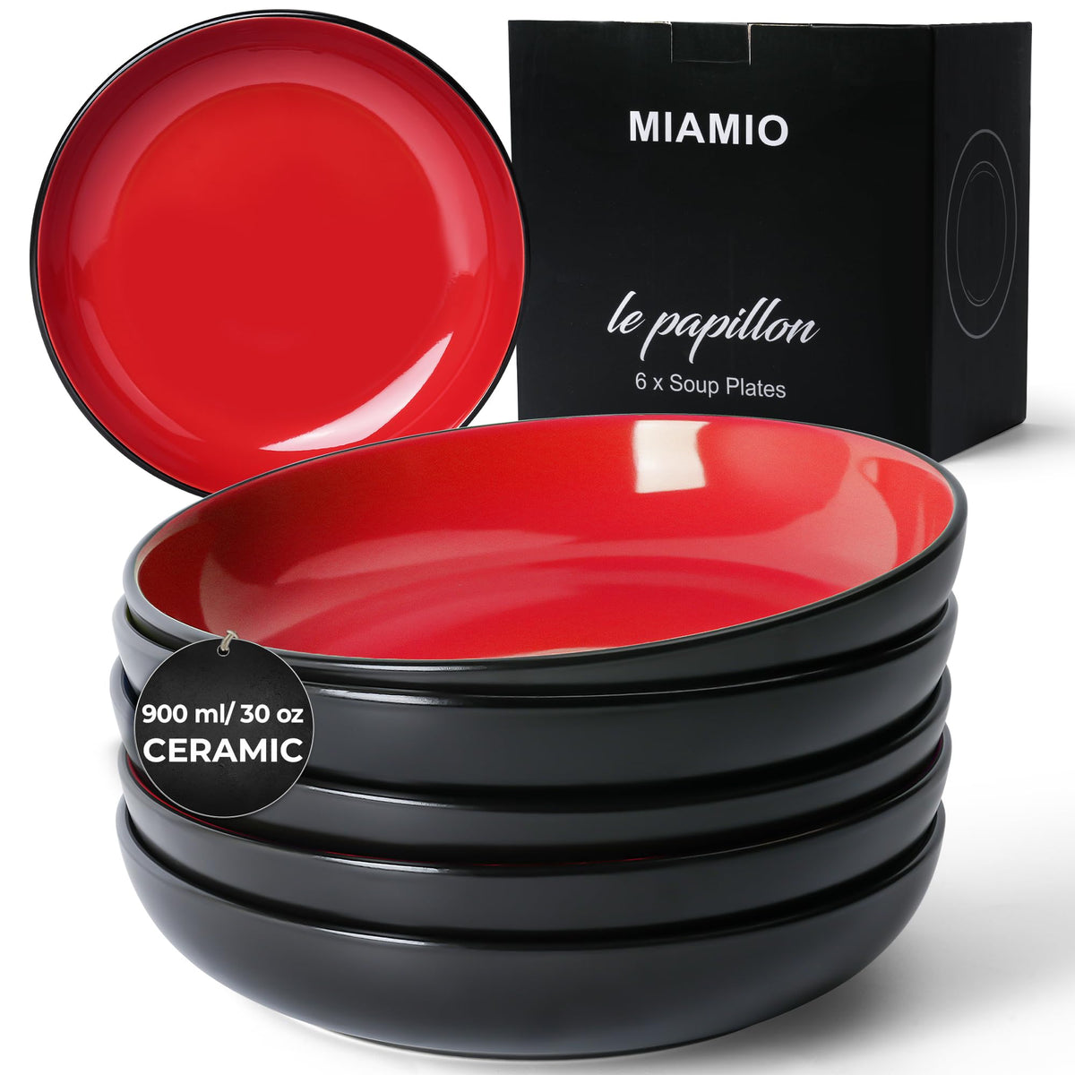 MIAMIO - 900 ml / 22 cm Set of 6 Pasta Bowls/Salad Bowls, Pasta Plates Wide and Shallow Bowl, Large Ceramic Stoneware Deep Plate Serving Soup, Microwave and Dishwasher Safe - Le Papillon (Red)