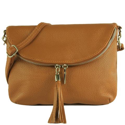 modamoda de - T07LEATHER - Small Italian Leather Shoulder Bag, Cognac, Small