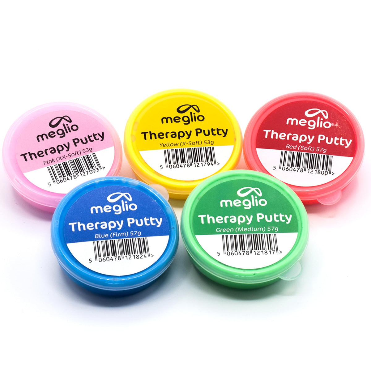 Meglio Hand Therapy Putty - Premium Pack of 5 Strength Training, Color Coded Tubs 57g, Stress Relief Hand Exercise Putty for Adults & Childrens, Variable Resistive Strength