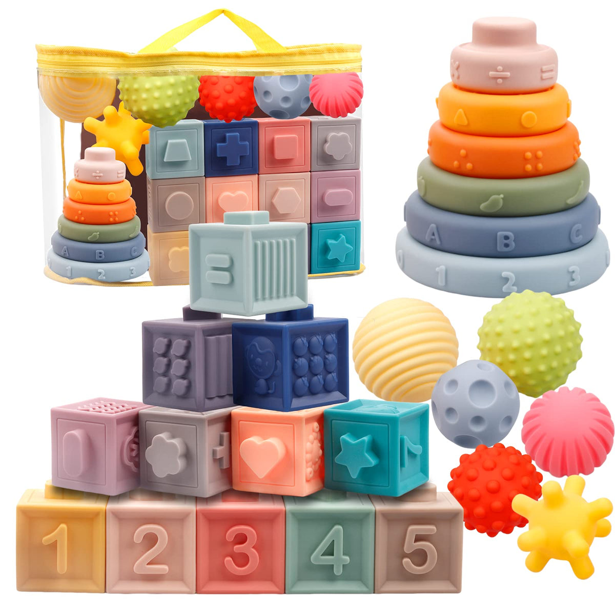 24 Pack Montessori Toys for Babies, Soft Building Blocks for Baby, Sensory Teethers Toy Educational Squeeze Play with Numbers Animals Shapes Textures 6 Months and Up