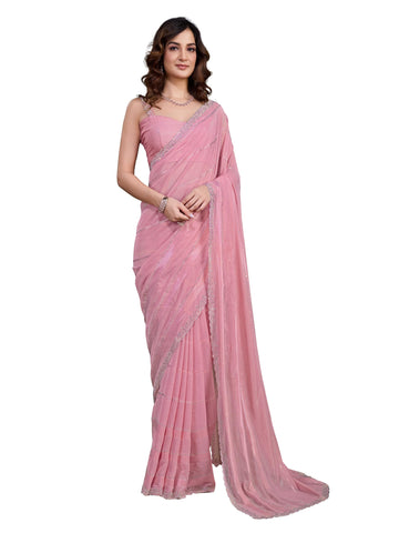 TRENDMALLS Women's Chiffon Siroski work Saree with Unstitch Blouse Piece (K1117-Pink)