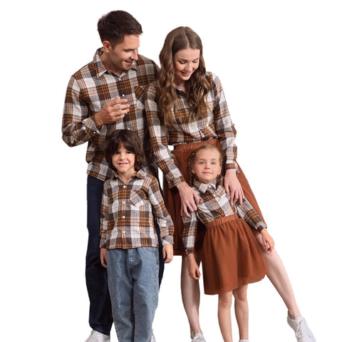 PATPAT Men's Khaki Long Sleeve Button Down Shirt, Classic Plaid, Regular Fit, M - Family Matching Outfit