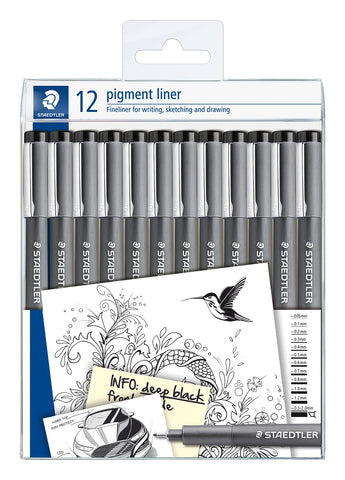 STAEDTLER 308-9 TB12 Pigment Liner Pens - Assorted Line Widths, Black (Set of 12)
