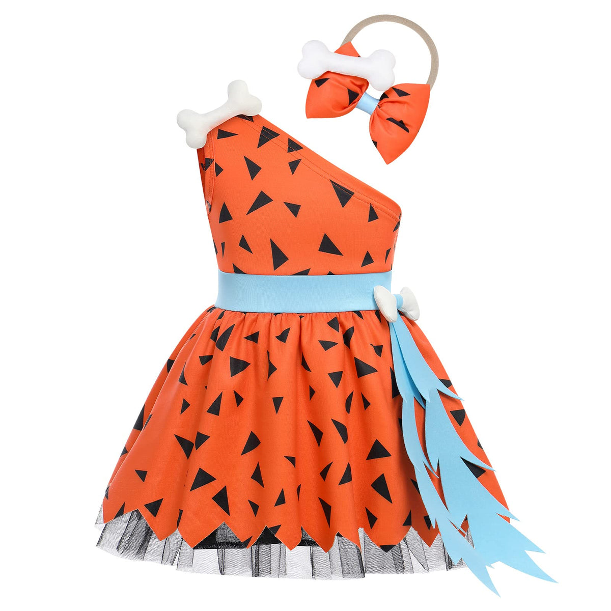 Toddler Kids Infant Baby Girl Pebbles Flintstone Costume Historical Stone Age Cavegirl Halloween Cosplay Fancy Dress Up One Shoudler Dress Bone Bowknot Headband 1st Birthday Outfit Orange 5-6 Years