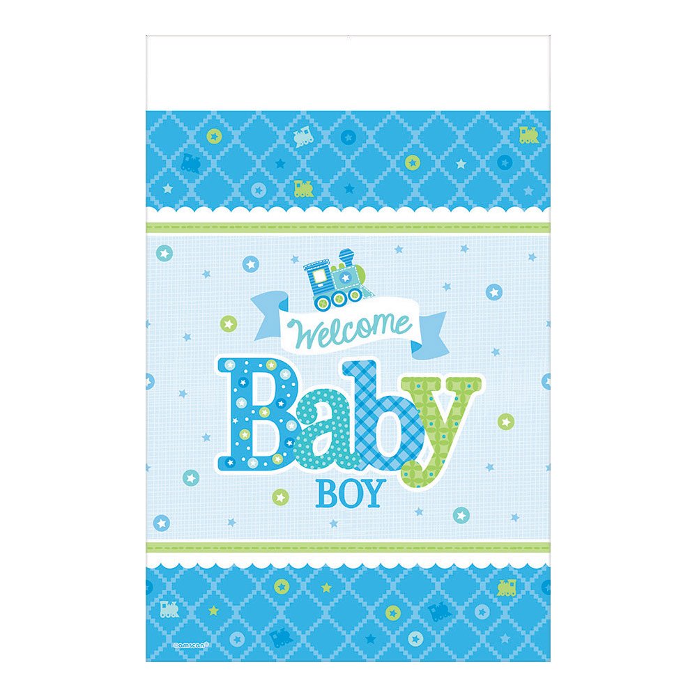Amscan Charming Welcome Little One Boy Paper Table Cover Baby Shower Party Supplies, 54 x 102, Blue/White/Green