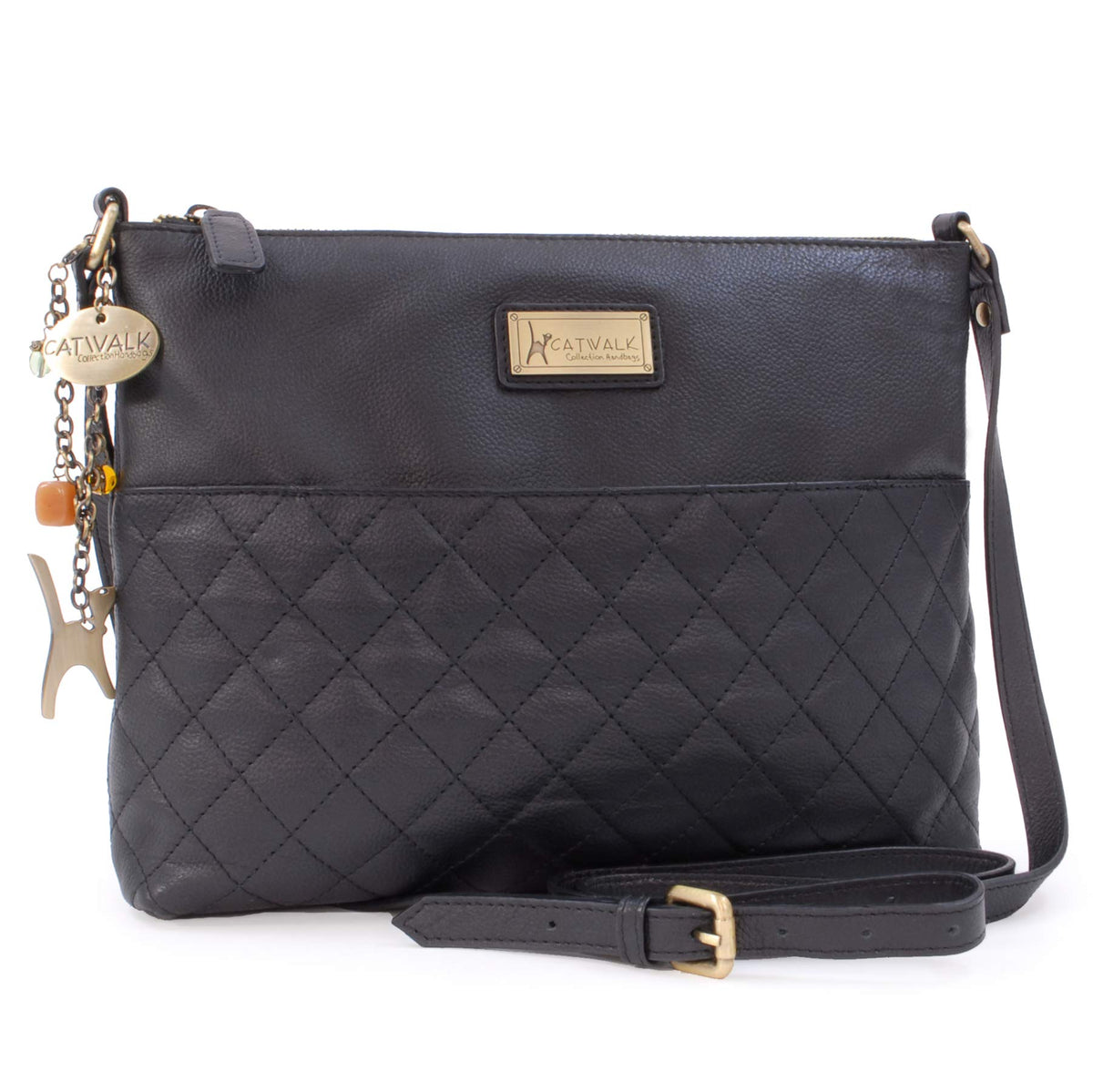 Catwalk Collection Handbags - Medium - Women's Quilted Leather Cross Body Shoulder Bag - SADIE - Black