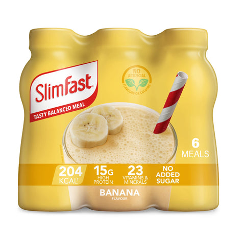 SlimFast Ready To Drink Shake, Tasty, Balanced Shake with 15g protein, 23 Vitamins and Minerals and No Sugar, Banana Flavour, 6 x 325 ml Multipack, Packaging May Vary
