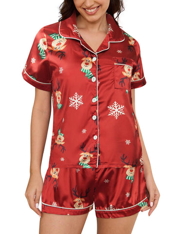 MyFav Womens Christmas Print Pyjamas Set Contrast Piping Satin Silk Button Down Top and Shorts Sleepwear Xmas Party Nightwear,Red Deer,XS