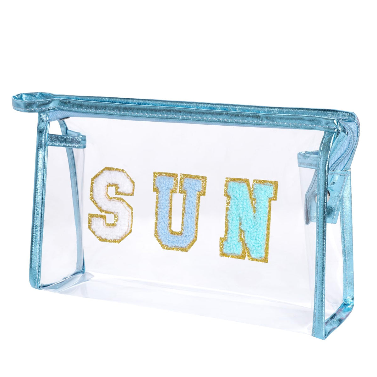 Hmxpls Preppy Patch SUN Varsity Letter Cosmetic Toiletry Bag Transparent PVC Zipper Makeup Bag Clutch Purse Portable Waterproof Travel Organizer Compliant Bag for Women Girls Teens, Blue