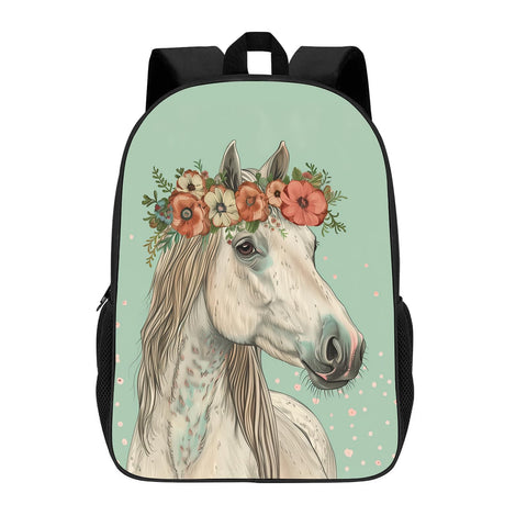 MAMINA Horse Backpack Elegant Horse with Floral Flowers School Backpack, Horse Backpack for Kids Boys Girls, 17 Inch Elementary Middle High School Backpack, Lightweight Laptop Backpack, Mint Green