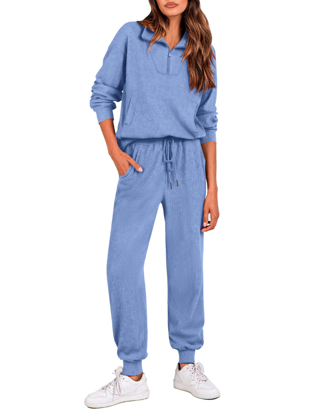 BTFBM Women's 2 Piece Tracksuit Fall Outfits 2025 Long Sleeve Half Zip Sweatshirt Sweatpants Lounge Set Sweatsuits, Solid Light Blue, X-Large