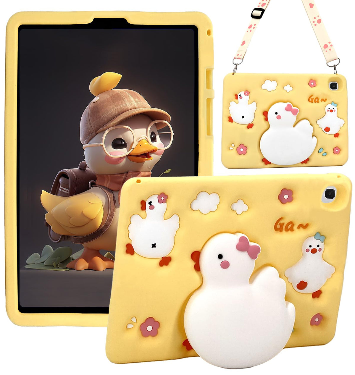 Kids Case Compatible with Samsung Galaxy Tab A7 Lite 8.7 Inch (SM-T220 /T225 /T227), Cute Shockproof Yellow Duck Case with Shoulder Strap, Kickstand