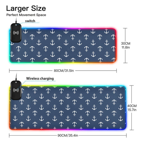 Anchors Wireless Charging Mouse Pad for Mobile Phone Extra Large Gaming Mousepad with 13 Lighting Modes Keyboard Mat for Gaming MacBook PC Laptop Desk Home Office