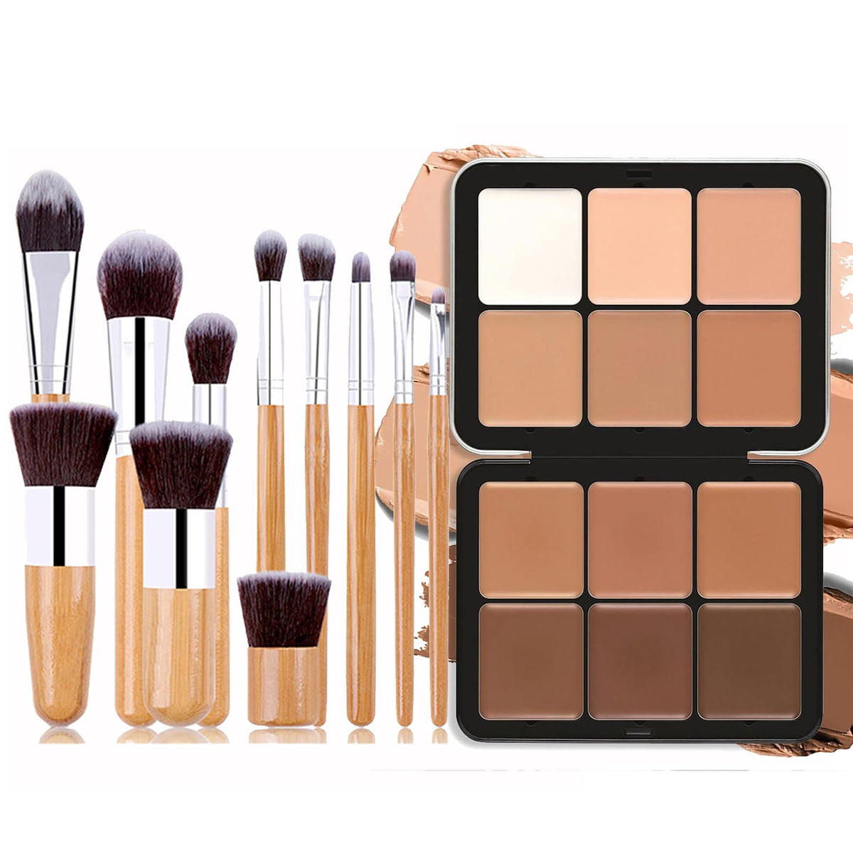 Joyeee 12 Colors Cream Contour Palette, Long-Wearing Full Coverage Contour Foundation Concealer Palettes + 11 Pcs Bamboo Makeup Brushes, Face Make Up Gift for Women Girls